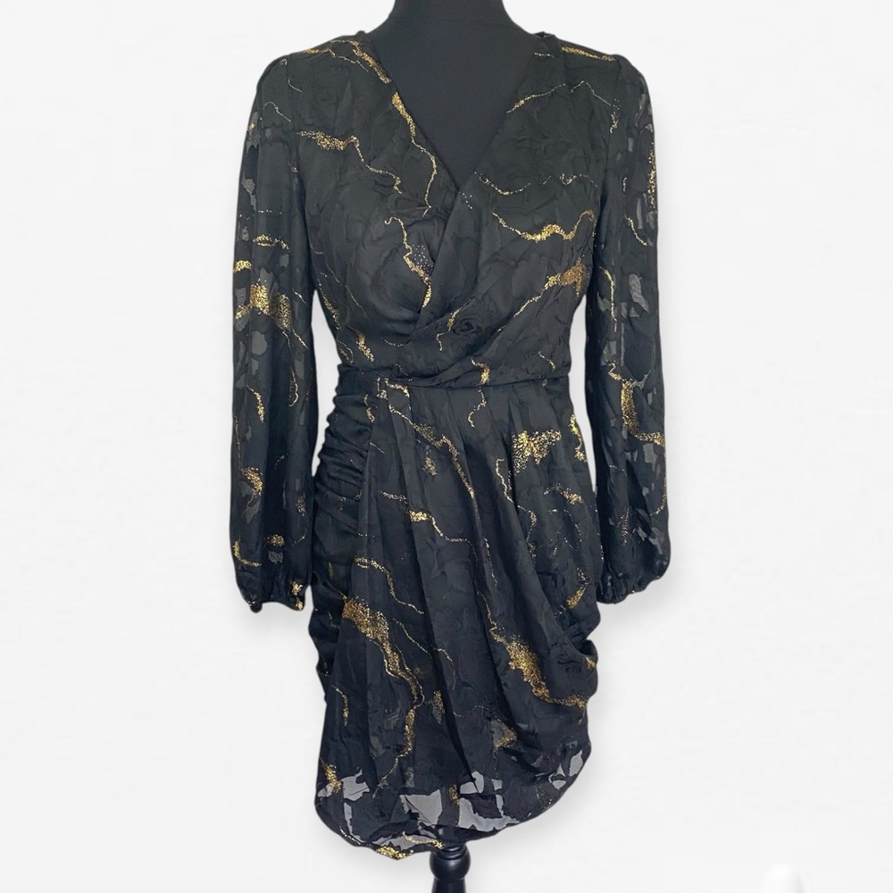 Elegant Black and Gold Lace Rushed Flattering Women's Dress by cupshe S NWT